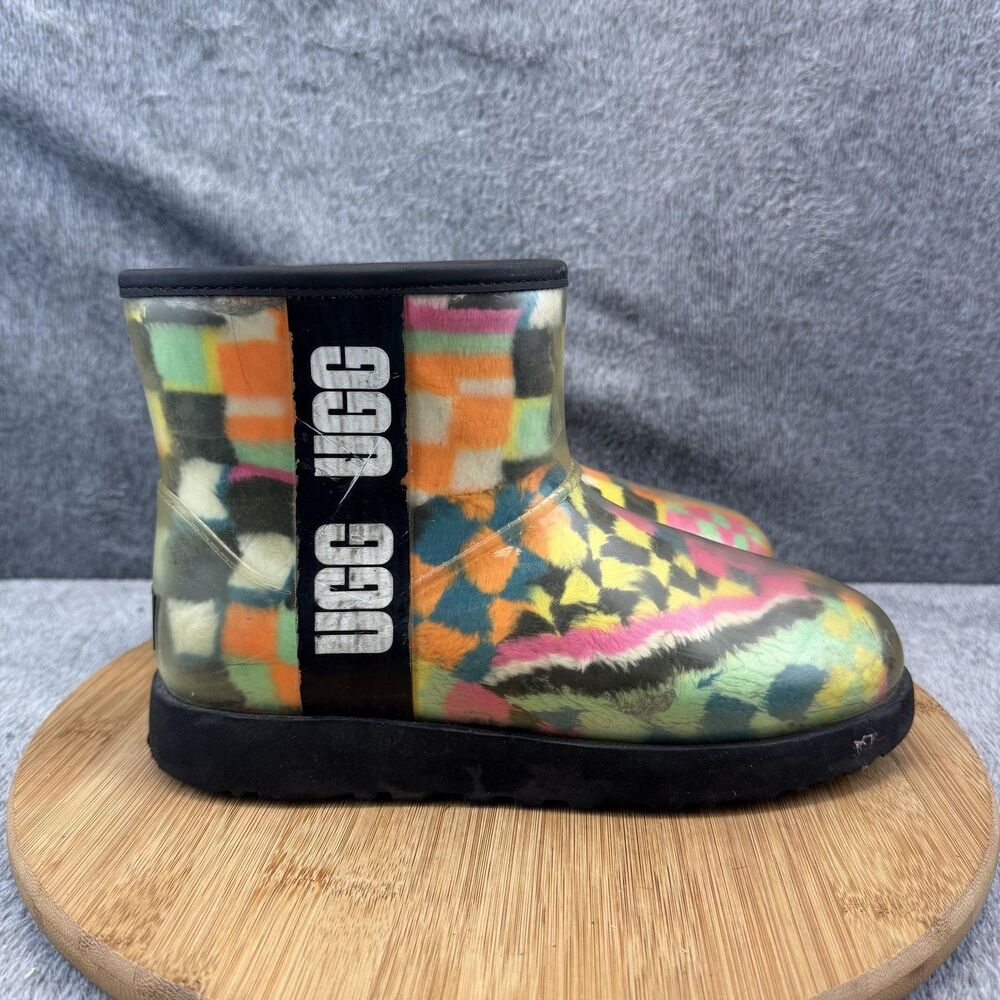 UGG Boots Womens Size 7 Multicolor Clear Shearling Waterproof Ankle Booties Rain